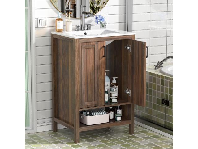 24' Modern Walnut Bathroom Vanity with Ceramic Sink, 2 Doors, Open Shelf, Space-Saving for Small Bathrooms (Faucet Not Included)