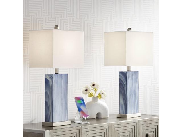 Connie Modern 3-Way Table Lamps 25' Tall Set of 2 with Dimmers and USB Charging Port Blue Faux Marble White Rectangular Shade for Bedroom Living Room