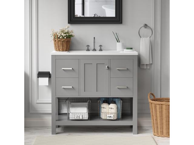 36' Bathroom Vanity with Single Sink, Solid Wood Frame Modern Bathroom Storage Cabinet with 2 Power Outlets, 1 USB / 1 Tybe C Port, Farmhouse Bath...