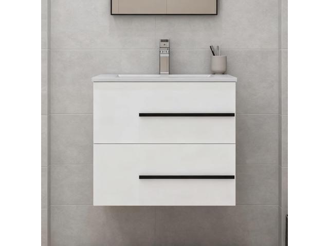 24 inch Floating Bathroom Vanity with Sink, Space Saving Fluted Design for Small Bathrooms, Drawers & Black Handles White