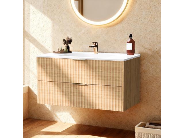 30 Inch Bathroom Vanity with Sink, Modern Floating Bathroom Vanity with Resin Sink, 2 Large Storage Darwers, Wood Grain Texture Wall Mounted.