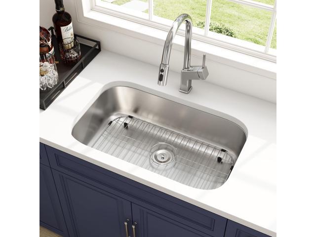 32 Inch Undermount Curved Spacious Single Bowl Kitchen Sink 304 Stainless Steel, 18 Gauge Thickness, Brushed Satin Finish, Strainer & Grid...