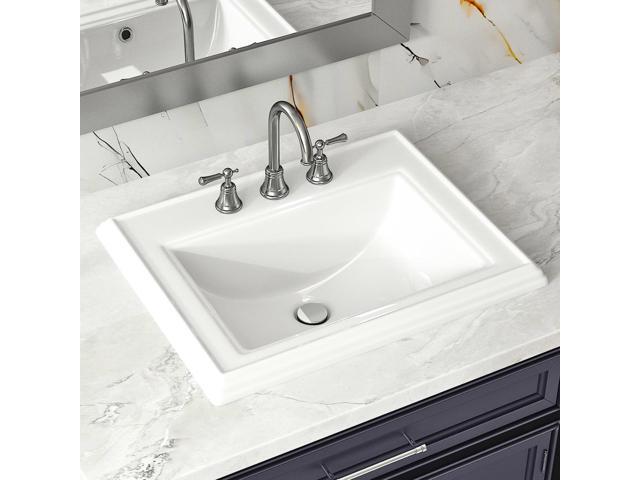 23'W x 18'D Drop In Bathroom Sink Rectangle With 3 Holes for 8' Widespread Faucet, 23 Inch White Ceramic Vanity Top with Front Overflow, Vintage.