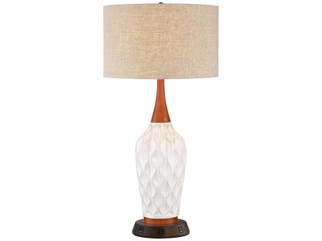 Rocco Mid Century Modern Table Lamp with USB and AC Power Outlet Workstation Charging Base 30' Tall White Ceramic Oak Wood Tan Fabric Drum Shade.