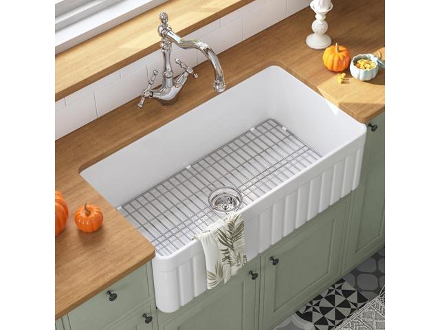 White Farmhouse Sink 33 inch, Fireclay Apron Front Farm Kitchen Sink, Single Bowl Deep Drop-in Undermount Reversible Sinks with Grid & Strainer