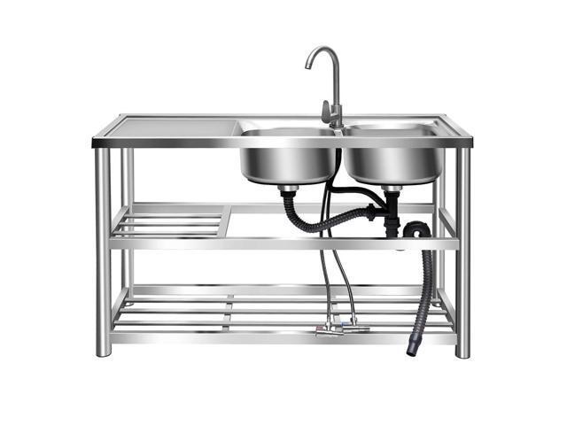 304 Stainless Steel Prep & Utility Sink Free Standing Outdoor Sink, Dual Bowl Commercial Kitchen Sink 2 Compartment for Restaurant, Kitchen,.