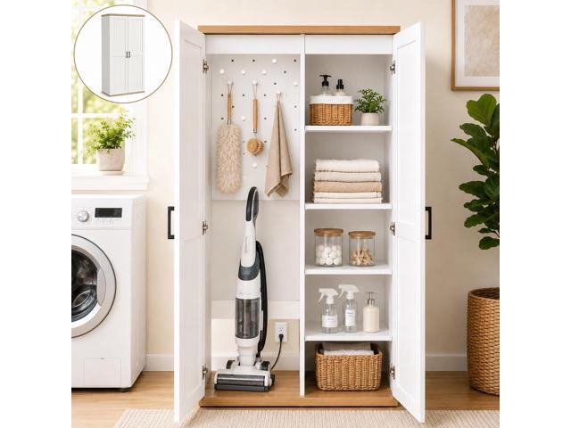 68' Wooden Broom Closet Storage Cabinet with Perforated Wood Panel and Doors, Large Utility Cabinet Built-in Bottom Openwork for Charging Device,...