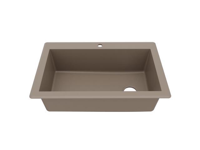 QT-670 Drop-In/Top Mount 33' Single Bowl Granite Quartz Composite Kitchen Sink in Concrete, Right Side Drain, Extra Deep 9' Basin, Heat & Scratch.