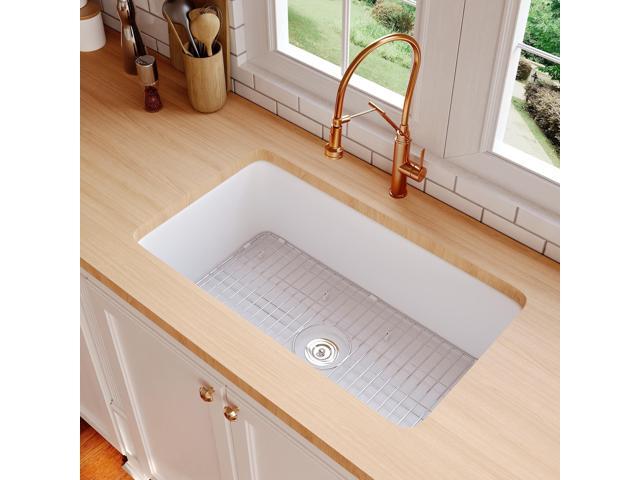 Undermount Kitchen Sink 32 inch, White Fireclay Farmhouse Sinks, Single Bowl Deep Drop-in Kitchen Sink with Bottom Grid & Strainer, Heavy Duty...