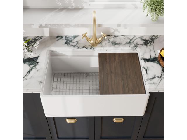 White Kitchen Sink 30 inch Single Bowl Apron Front Farmhouse Sink with Ledge, Grid and Cutting Board, Fireclay Ceramic Kitchen Sinks, Farmhouse...