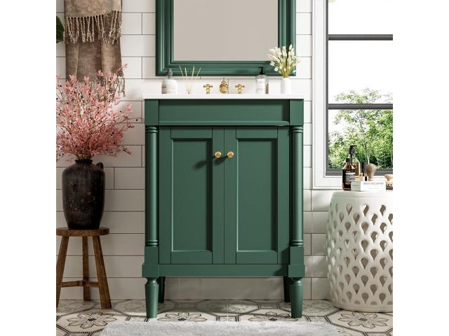 24 Inch Green Bathroom Vanity with Ceramic Sink & Intergrated Countertop,Vintage Bathroom Vanity with 2 Doors with Gold Knobs,Adjustable...