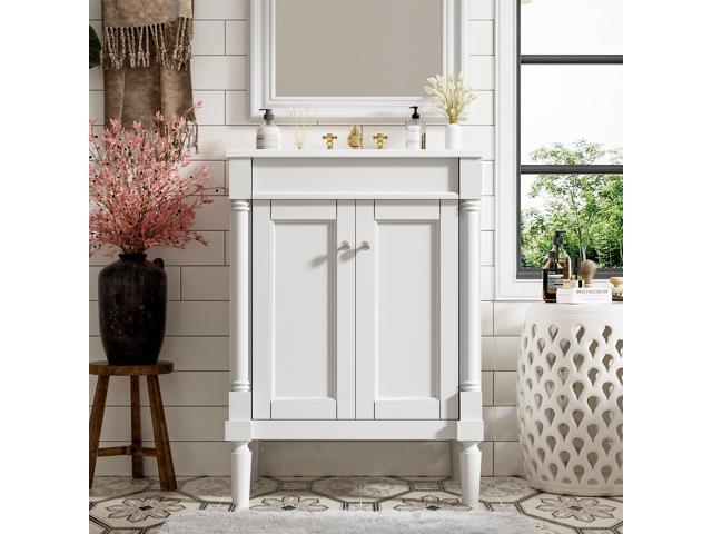 24 Inch White Bathroom Vanity with Ceramic Sink & Intergrated Countertop,Vintage Bathroom Vanity with 2 Doors with Silver Knobs,Adjustable...