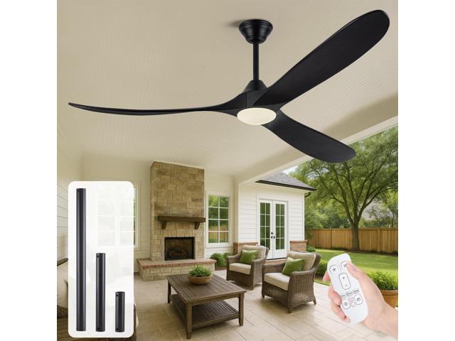 70 Inch Black Outdoor Ceiling Fan with Lights, Damp Rated for Patio Porch, High CFM Quiet DC Motor, 3 Solid Wood Propeller Blades, Modern Rustic.