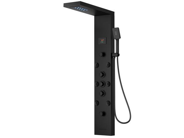 Black Shower Panel Tower System Stainless Steel LED Rainfall Waterfall Shower Head 5-Function Faucet Rain Massage System Wall Mount with 8 Body.