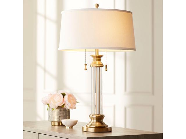 Rolland Traditional Table Lamp 30' Tall Antique Brass Glass Column Off White Tapered Drum Shade Decor for Living Room Bedroom House Bedside.