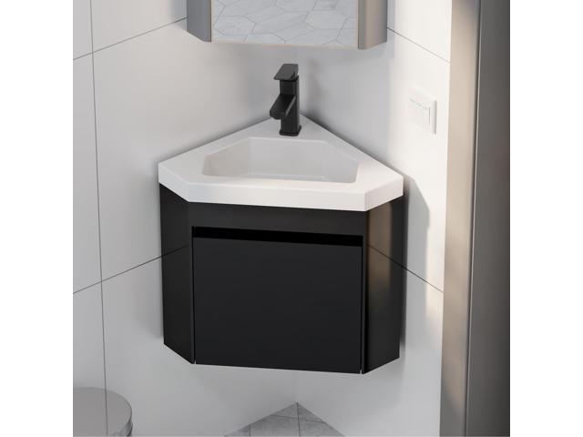 22' Corner Bathroom Vanity Sink Combo for Small Space Wall Mounted Floating Cabinet with White Resin Sink and Matte Black Faucet, Black
