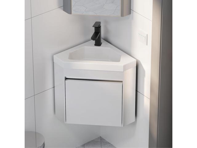 22' Corner Bathroom Vanity Sink Combo for Small Space Wall Mounted Floating Cabinet with White Resin Sink and Matte Black Faucet, White