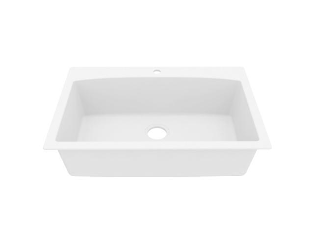 QT-712 33 Inch Drop-In Quartz Composite Single Bowl Kitchen Sink, Top Mount, 1-Hole, Heat & Scratch Resistant, Easy Clean, White