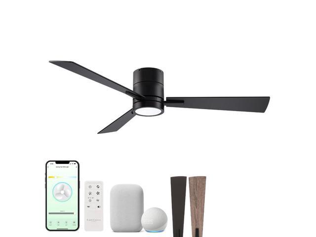 Bali 52in 3-Blade Smart Indoor or Outdoor Flush Mount Ceiling Fan 2700K-6000K CCT Tunable Range LED Light Kit in Matte Black with Reversible Black.