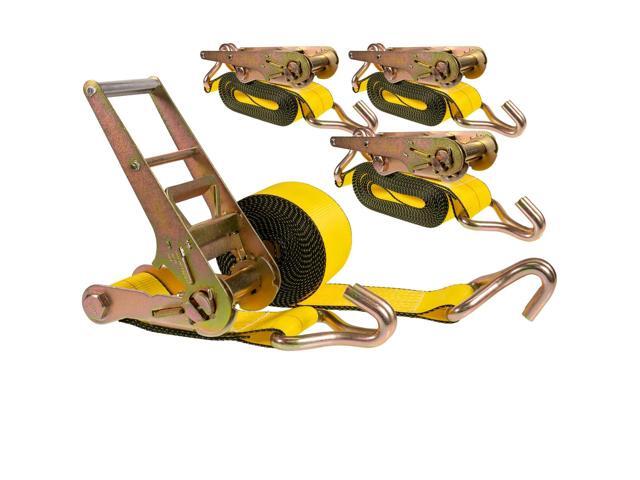 3 Inch Wide x 20 Foot Long Ratchet Straps with Wire Hooks (4 Pack), Yellow J Hook Ratchet Straps, 5,400 lbs. Working Load Limit