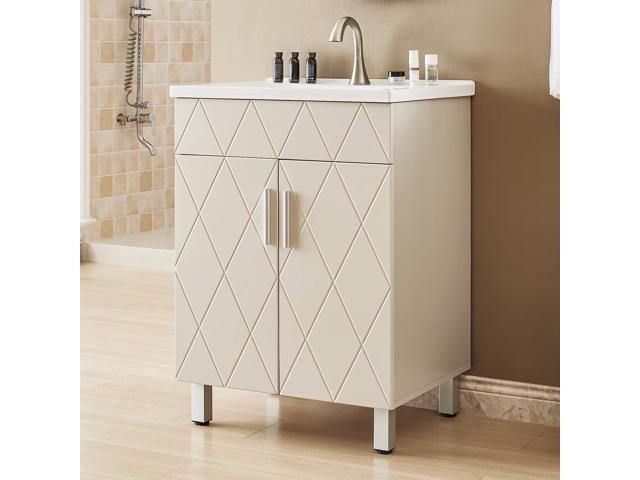 Bathroom Vanity with Sink 24 Inch, Modern Bathroom Cabinet with Diamond Pattern Doors, Ceramic Sink, Metal Legs, Small Bathroom Storage.