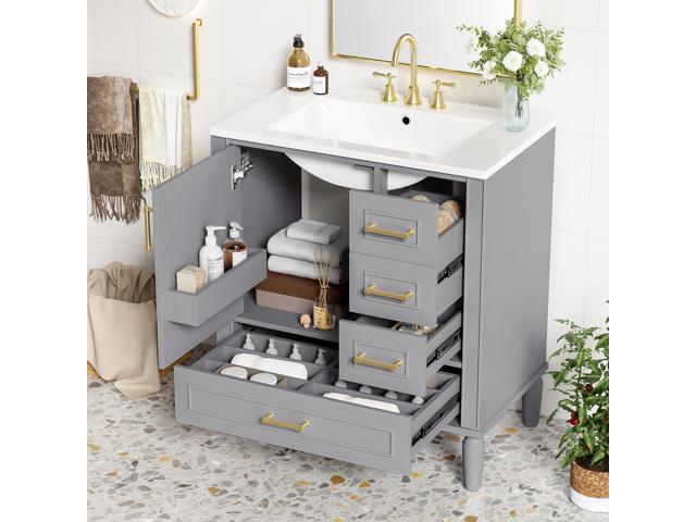 30 Inch Grey Bathroom Vanity with Sink,Modern Bathroom Vanity with Gold Handles,2 Deep Drawers & Bottom Drawer with Dividers,Soft Closing Doors...