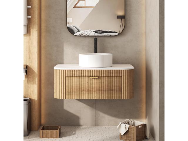 30 Inch Floating Bathroom Vanity with Sink Combo, Wall Mounted Vanity with Marble Look Wooden Countertop & Ceramic Sink, Modern Fluted Cabinet with...