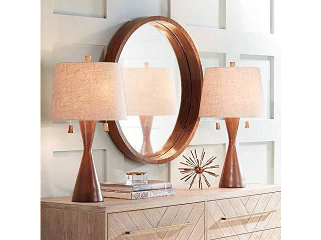 Omar Mid Century Modern Chic Style Table Lamps 28.75' Tall Set of 2 Warm Brown Wood Oatmeal Tapered Drum Shade Decor for Living Room Bedroom House.