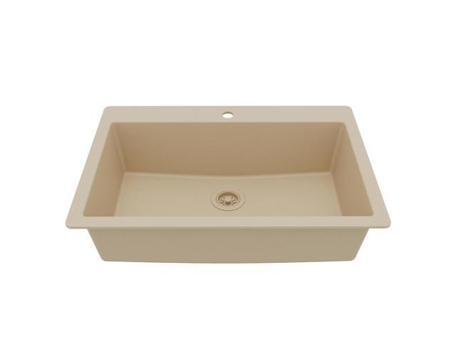 33' Drop-In Top Mount Quartz Composite Single Bowl Kitchen Sink in Bisque Extra Deep 9' Basin, Heat Resistant, Sound Dampening, Easy Clean Surface