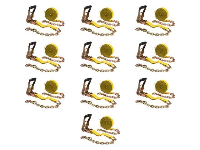 (10 Pack) 2' x 30' Ratchet Straps w/Chain, WLL 3400 Tie Down Strap