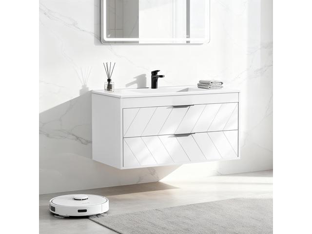 30 Inch Bathroom Vanity with Sink, Modern Floating Bathroom Vanity with Resin Sink, 2 Large Storage Darwers, Wood Grain Texture Wall Mounted...