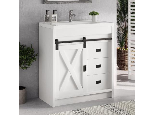 30' Farmhouse Bathroom Vanity with Sink, Small White Bathroom Vanity Cabinet with 2 Drawers & Sliding Barn Door, White