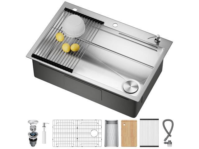 33X22 Drop In Kitchen Sink with Pop-Up Drain, 304 Stainless Steel Workstation Sink, Upgraded Fast Drain, Topmount Single Bowl with Accessories,.