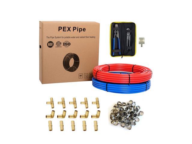 Pex-b Pipe1/2 Inch(2 x75 ft=150 ft, Red & Blue) Fitting DIY Kit, Crimp Fitting, Clamp Tool, Clamps Cutter &Heavy-Duty Canvas Bags,(79)