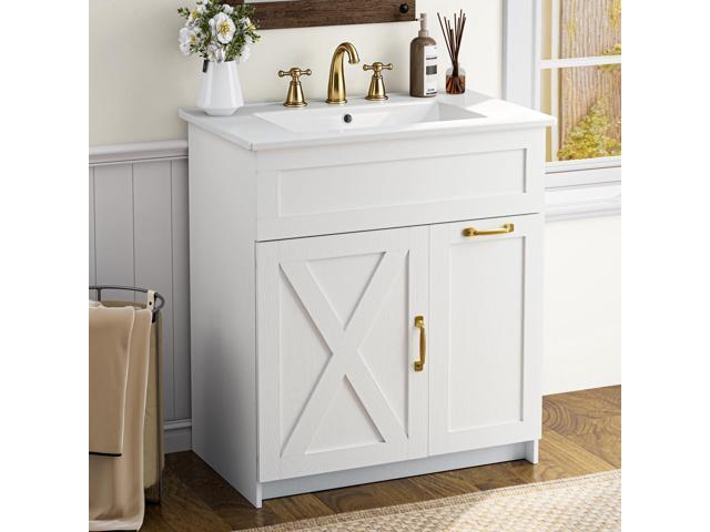 30' Bathroom Vanity with Sink, Solid Wood Frame Bathroom Cabinet, Bath Vanity Set with 2 Power Outlets, 2 USB Port, Switch Button, 2 Drawers &.