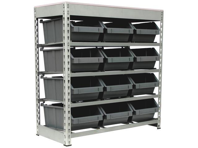 Bin Rack Boltless Steel Storage System Organizer w/ 12 Plastic Bins in 4 tiers