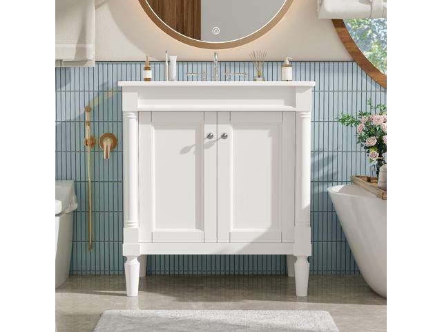 30' Bathroom Vanity with Sink, Powder Room Small Bathroom Vanity with 2-Door Cabinet, Ceramic Sink, Solid Wood Frame Bathroom Storage Cabinet