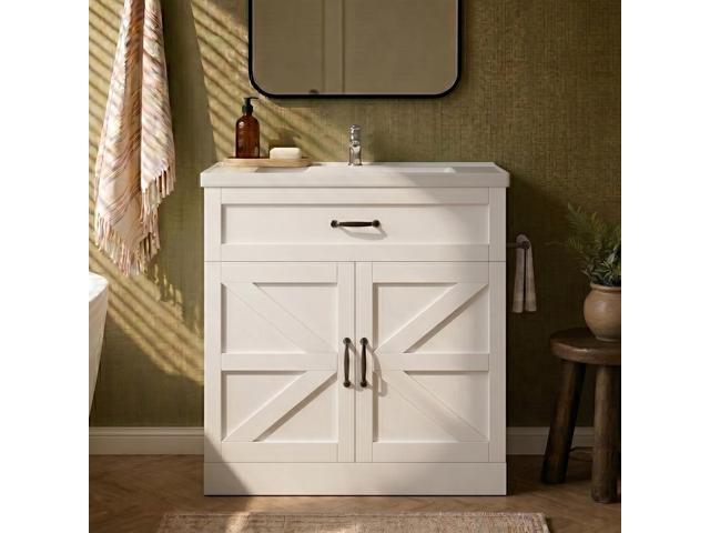 31' Farmhouse Bathroom Vanity with Sink, Bathroom Vanity Cabinet with Drawer & 2 Barn Doors, Metal Handles, White