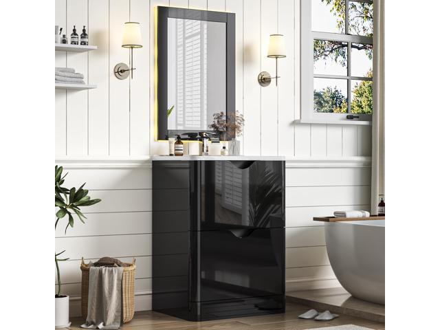 24' Modern High Gloss Bathroom Vanity with Sink Combo,Mirror, Faucet Set, Freestanding Bath Vanities Sink Cabinet w/2 Drawers,Integrated Ceramic...