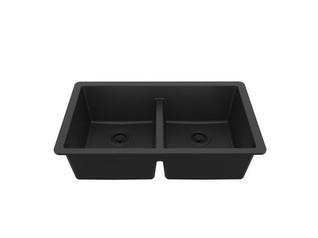 32' Black Quartz Composite Undermount Double Bowl Kitchen Sink with Low Divider 50/50 Equal Bowl, 80% Natural Quartz, 535°F Heat Resistant, Sound.