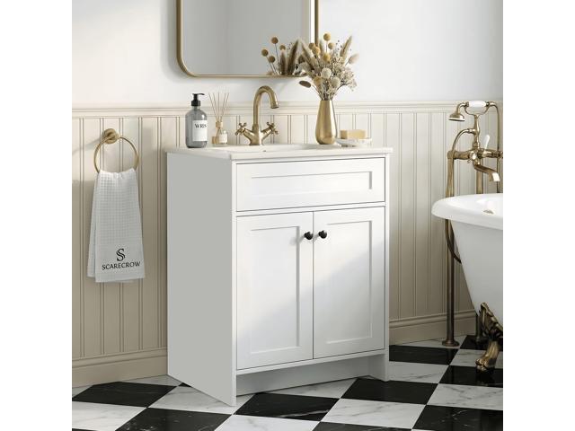 24 Inch Freestanding Bathroom Vanity with Sink, Shaker Style White Cabinet with Double Doors, Waterproof Lacquer Finish, Small Space Solution for...