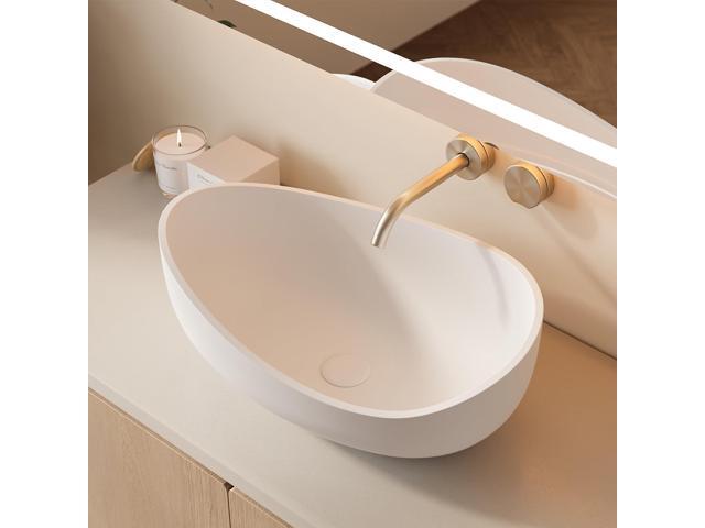 22.44'' Oval Vessel Sink, Matte White Stone Resin Bathroom Sink with Pop-Up Drain, Modern Above Counter Basin for Vanity Countertop, No Faucet...