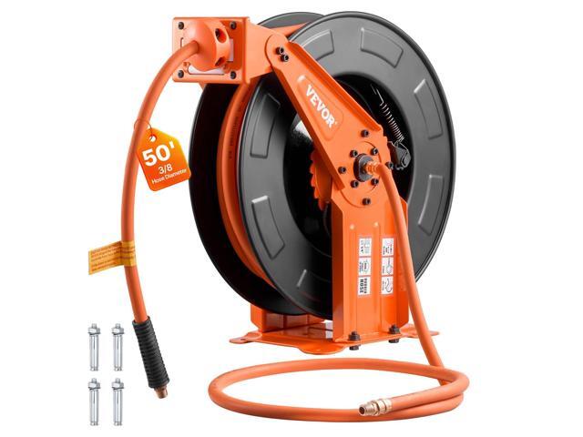 Retractable Air Hose Reel, 3/8 Inch x 50 FT Rubber Air Hose Max 300PSI, Auto Rewind Air-Compressor Hoses Reel with 5 ft Lead in, Ceiling/Wall Mount.