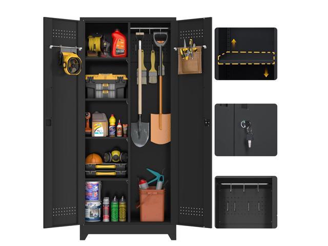 Broom Closet Storage Cabinet, Garage Storage Cabinet with Dooors,Lockable Cabinet, Black