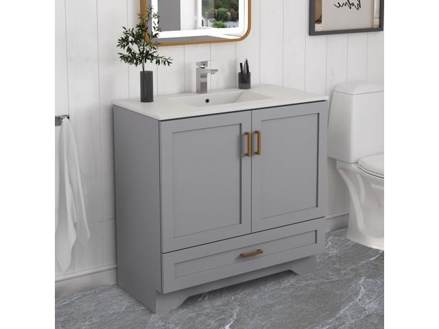 36' Bathroom Vanity with Ceramic Undermount Sink - Freestanding 2-Door & 1-Drawer Storage Cabinet, Grey