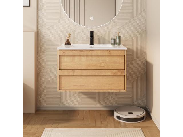 30' Floating Bathroom Vanity Sink Combo, Wall Mounted Modern Minimalist Storage Cabinet with 2 Drawers, Include White Sink, Faucet & Drain, Natural