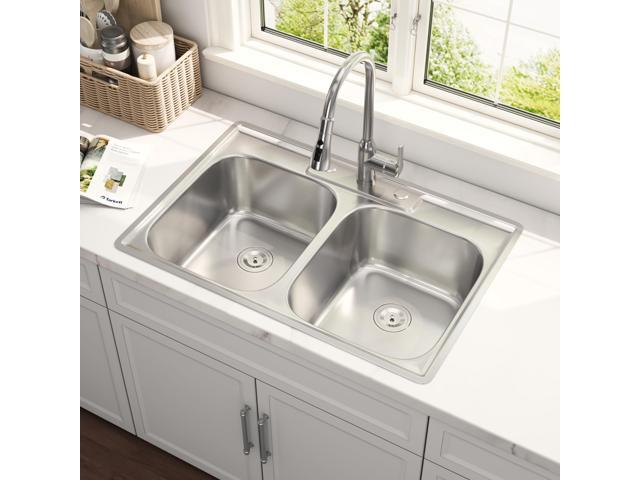 33x22 Drop In Double Bowl 33 Inch Topmount 50/50 Kitchen Sink 304 Stainless Steel, 18 Gauge Thickness, U Channel for Fixed, Three Holes with...
