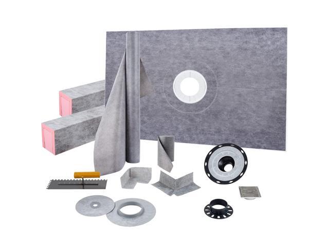 Shower Curb Kit, 48'x72' Watertight Shower Curb Overlay with 4' PVC Central Bonding Flange, 4' Stainless Steel Grate, 2 Cuttable Shower Curb and.