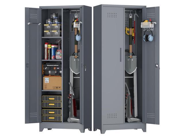 Broom Closet Storage Cabinet, Steel Locking Cabinet with Hanging Rod, 65' Cleaning Storage with Doors and Hooks, Tall Broom Tool Cabinets for...