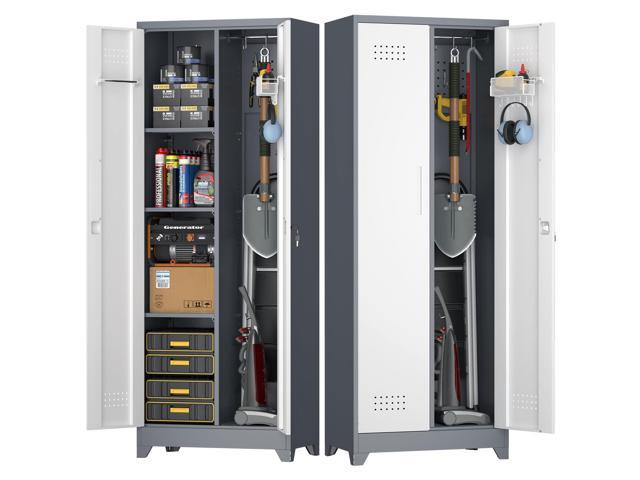 Broom Storage Cabinet, Metal Utility Storage Cabinet with Hanging Rail, 65' Tall Cleaning Tool Organizer with Shelves and Doors, Cleaning Storage...